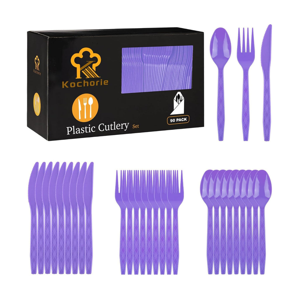 Kochorie 90 Pieces Purple Plastic Cutlery Set