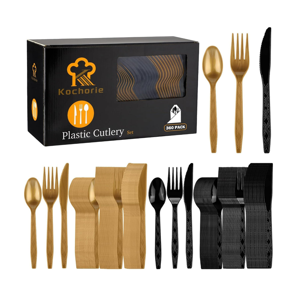 Kochorie 360 Pieces Black and Gold Plastic Cutlery Set