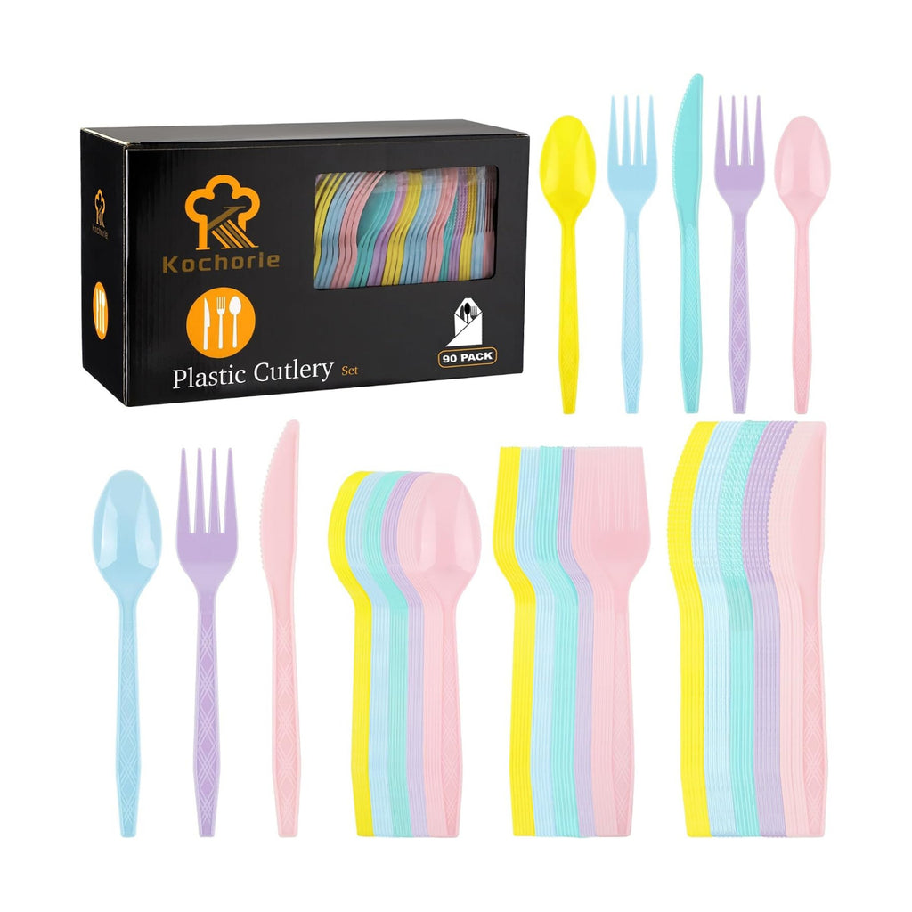 Kochorie 90 Pieces Pastel Plastic Cutlery Set, Macaron Colors