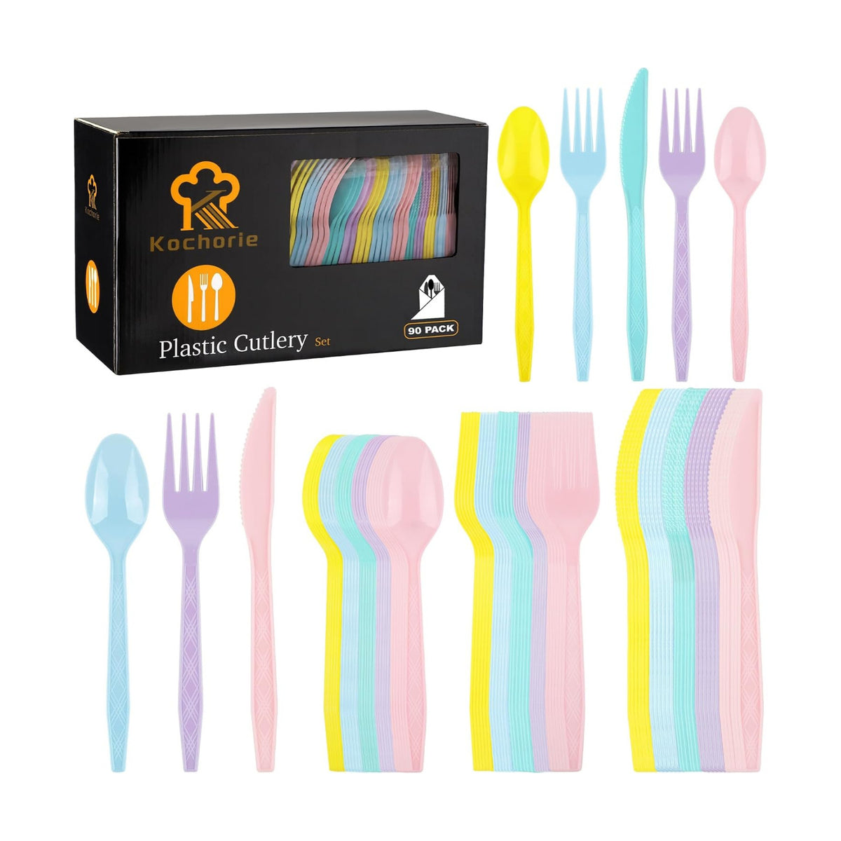 Kochorie 90 Pieces Pastel Plastic Cutlery Set, Macaron Colors