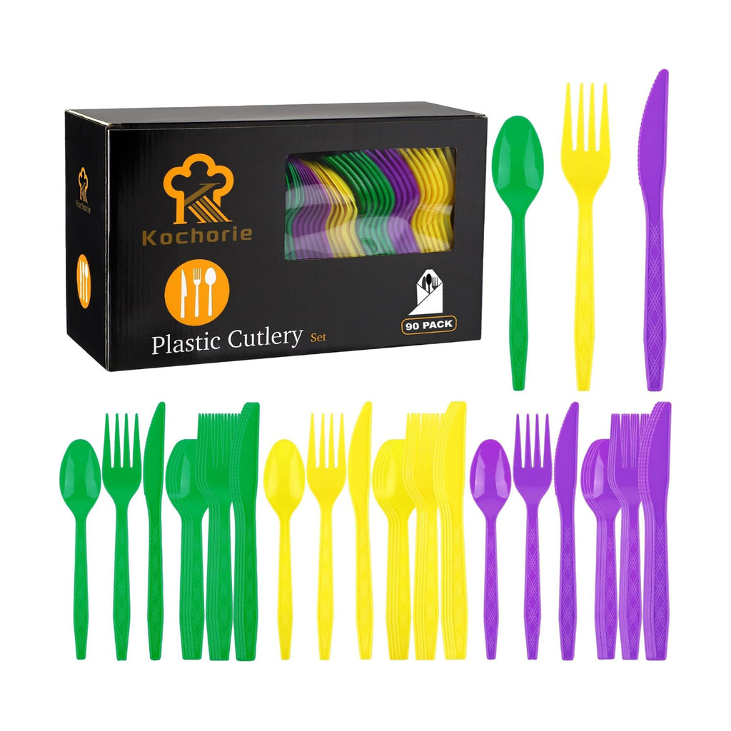 Kochorie 90 Pieces Mardi Gras Plastic Cutlery Set, Purple Yellow Green