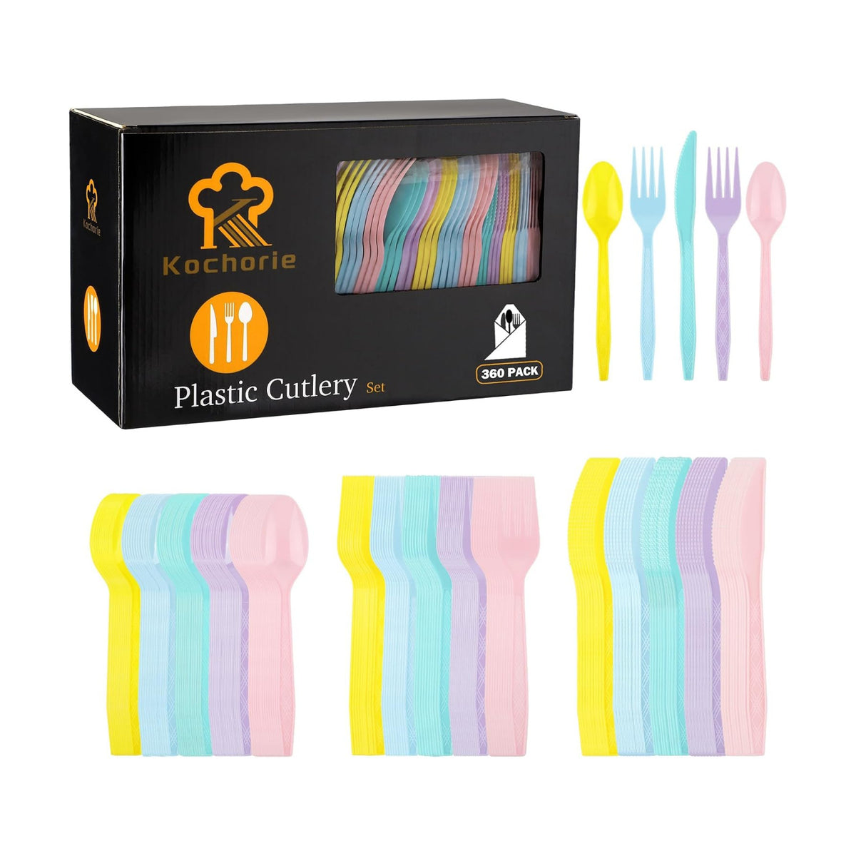 Kochorie 360 Pieces Pastel Plastic Cutlery Set, Macaron Colors