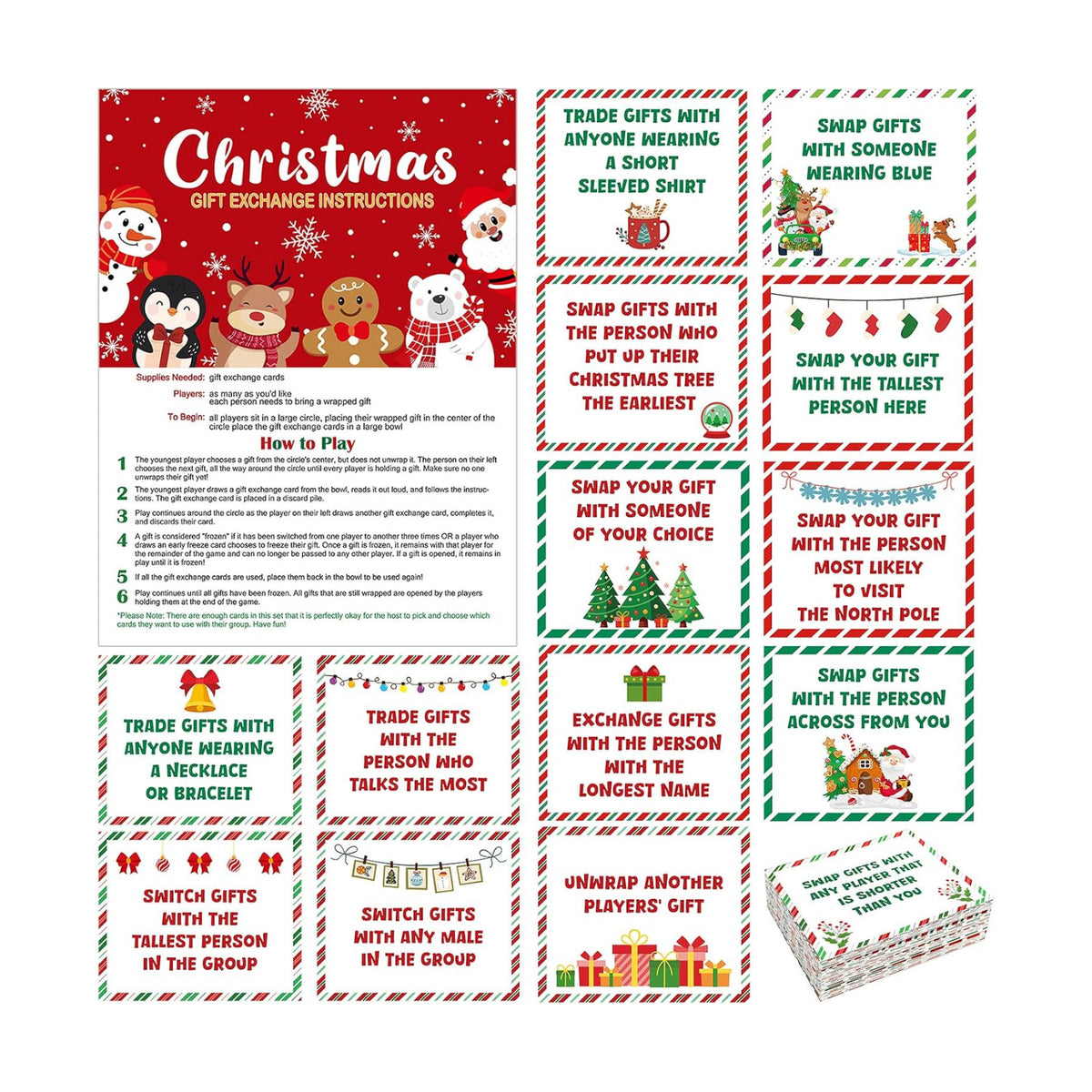 61 Pcs Christmas Gift Exchange Game Cards Merry Christmas Party Games White Elephant Gift Exchange Card Xmas Holiday Present Swap for Adults Large Group Family Women Men Coworker Supplies Winter Paper