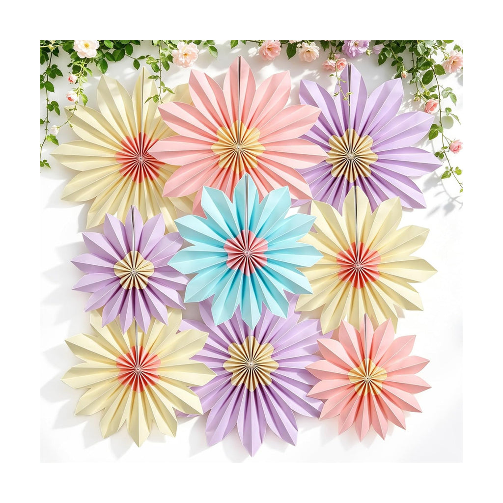 Pastel Paper Fans, Pastel Party Decorations for Classroom, Birthday, 9 PCS Yellow, Pink and Purple Pastel Paper Flower Decorations for Baby Shower, Wall Decor