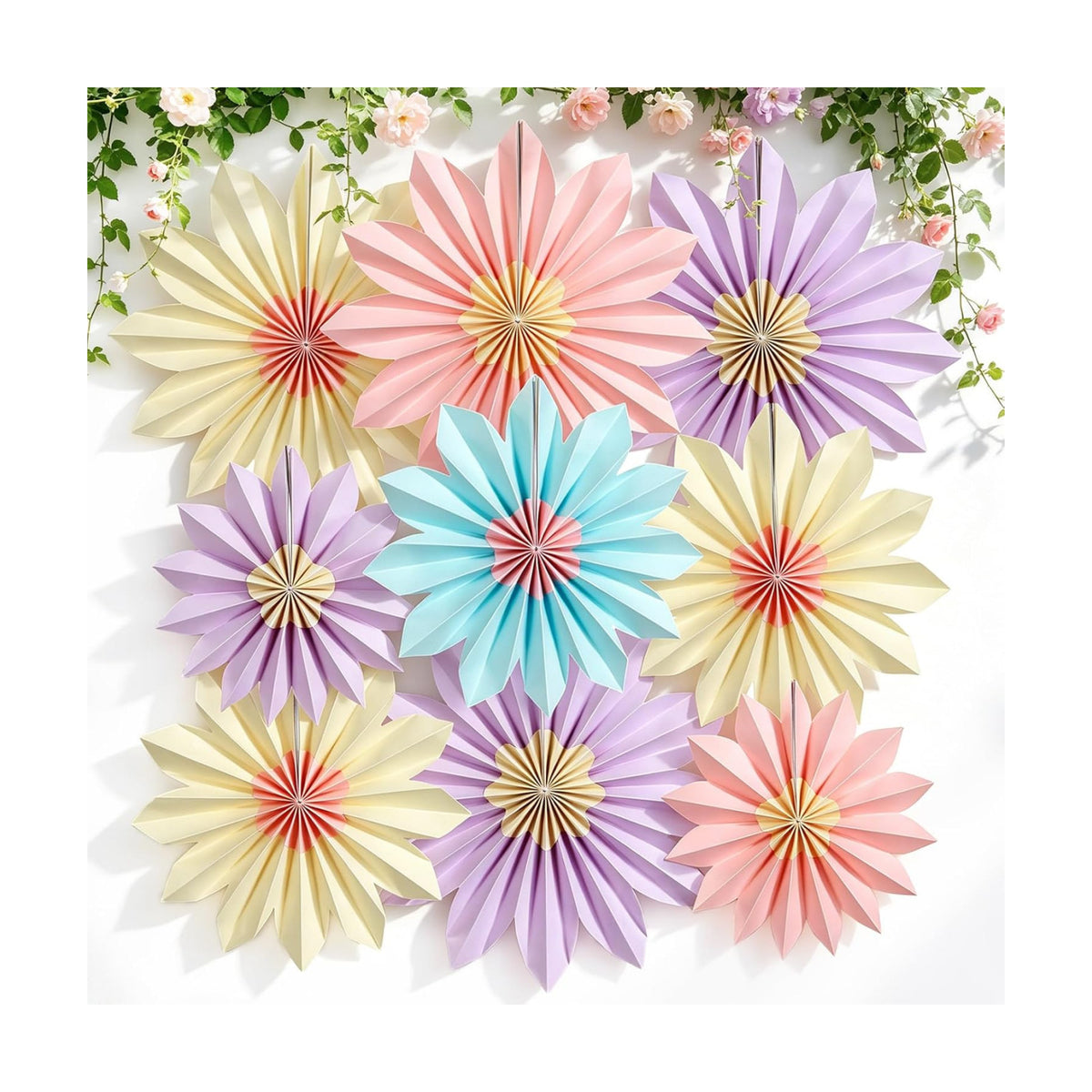 Pastel Paper Fans, Pastel Party Decorations for Classroom, Birthday, 9 PCS Yellow, Pink and Purple Pastel Paper Flower Decorations for Baby Shower, Wall Decor