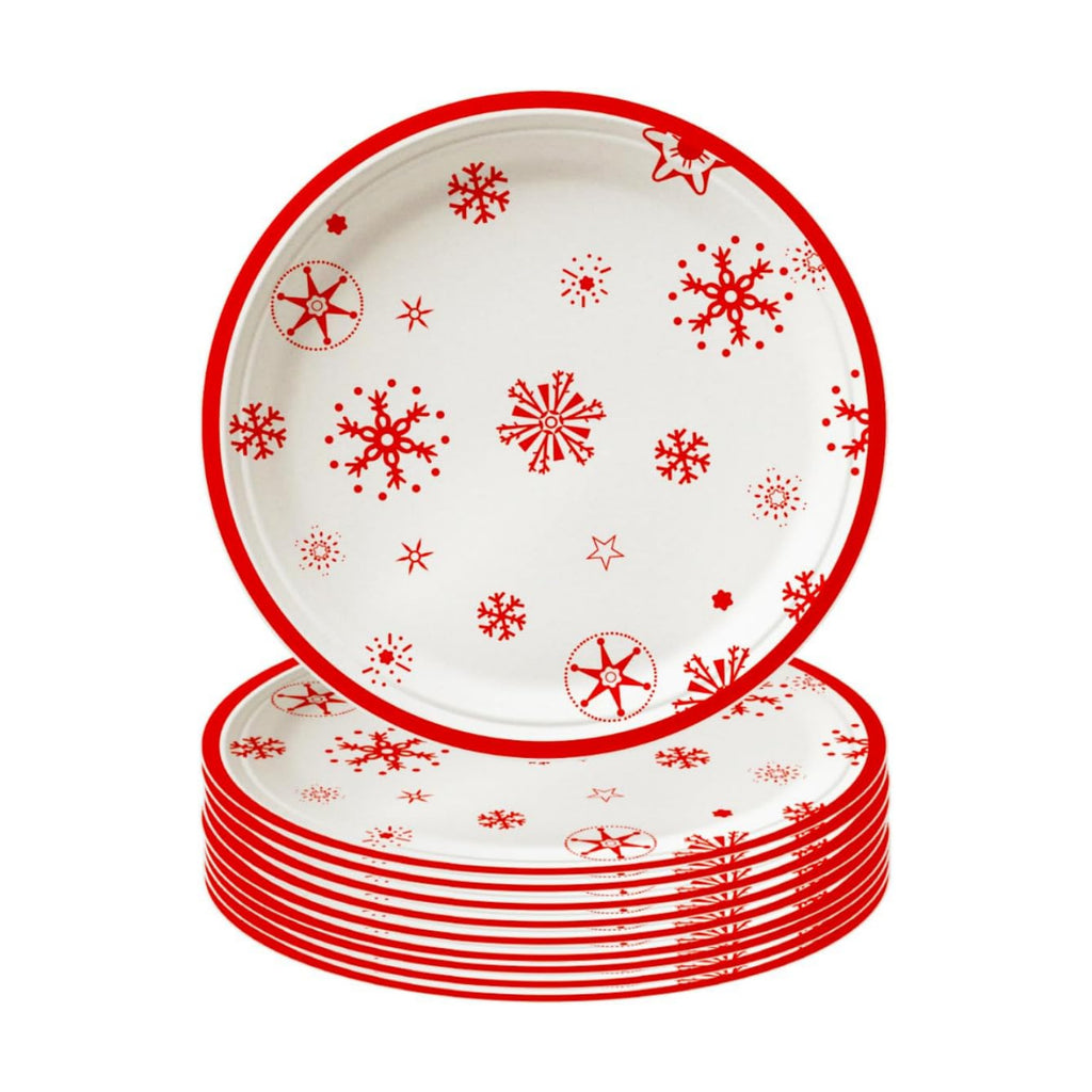 SHUYU 50 Count 7 Inch Round Christmas Snowflake Paper Plates, Red and White Holiday Disposable Dinner Plates Festive Winter Party ableware