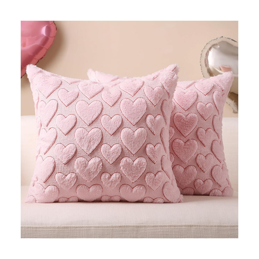 Softalker Pink Heart Pillow Covers 20 x 20 Inch Set of 2, Spring Summer Soft Faux Fur Cushion Covers, 3D Embroidered Pillow Cases for Sofa, Couch, Bedroom
