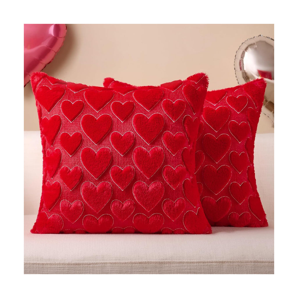 Softalker Red Heart Pillow Covers 18 x 18 Inch Set of 2, Mother's Day Decorative Soft Faux Fur Cushion Covers, 3D Embroidered Pillow Cases for Spring Summer Home Decor