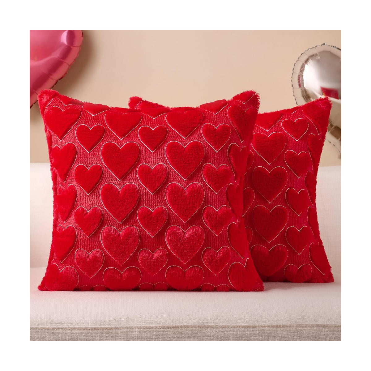 Softalker Red Heart Pillow Covers 18 x 18 Inch Set of 2, Mother's Day Decorative Soft Faux Fur Cushion Covers, 3D Embroidered Pillow Cases for Spring Summer Home Decor