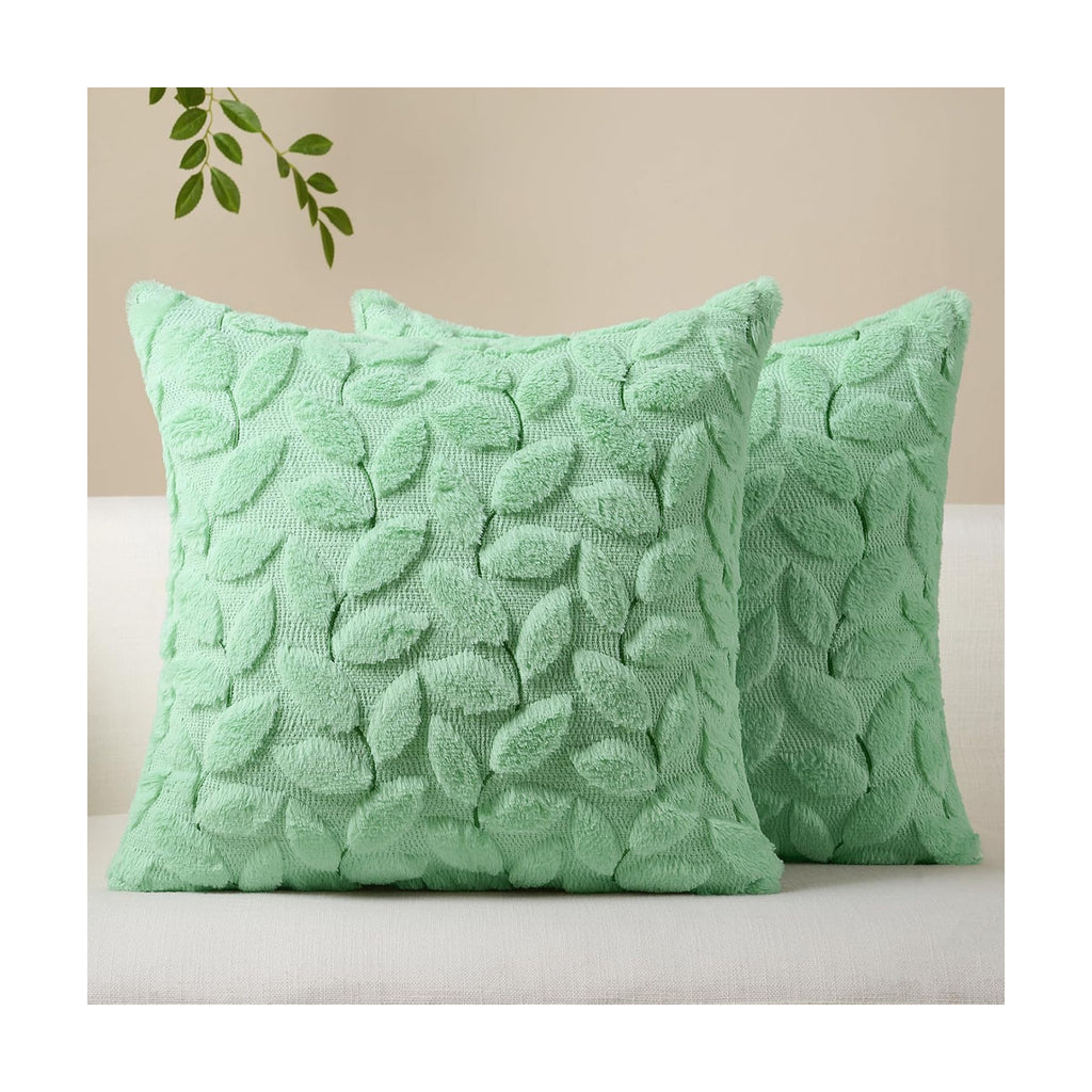 Softalker Spring Summer Throw Pillow Covers 18 x 18 Inch Set of 2, Green Leaves Soft Plush Faux Fur Cushion Covers, 3D Embroidered Pillow Cases for Couch Bedroom Living Sofa Room Home Decor, Sage