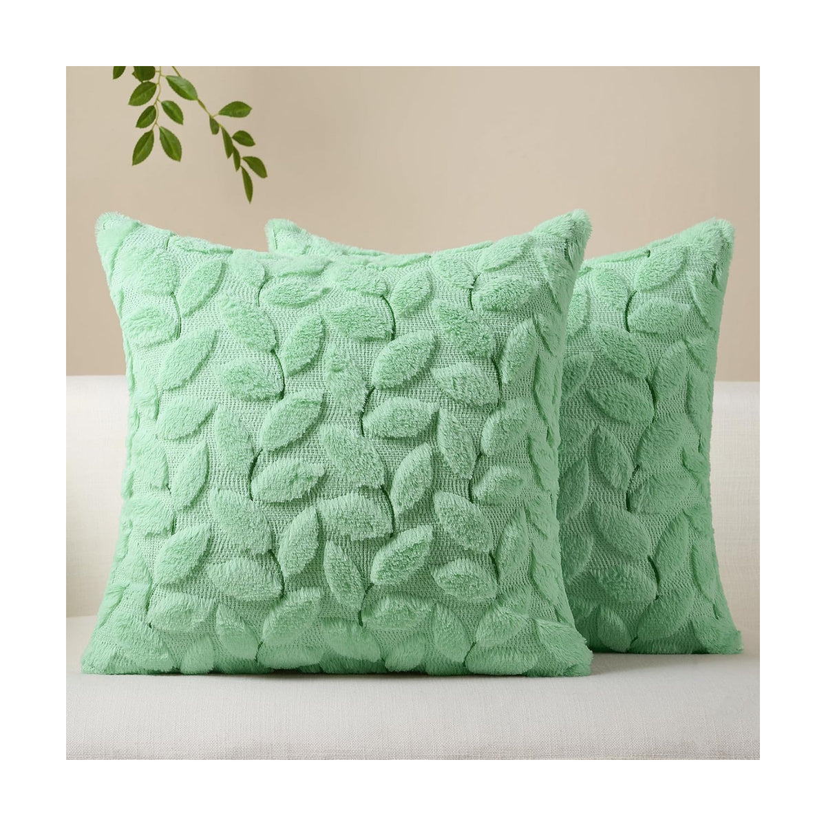 Softalker Spring Summer Throw Pillow Covers 18 x 18 Inch Set of 2, Green Leaves Soft Plush Faux Fur Cushion Covers, 3D Embroidered Pillow Cases for Couch Bedroom Living Sofa Room Home Decor, Sage