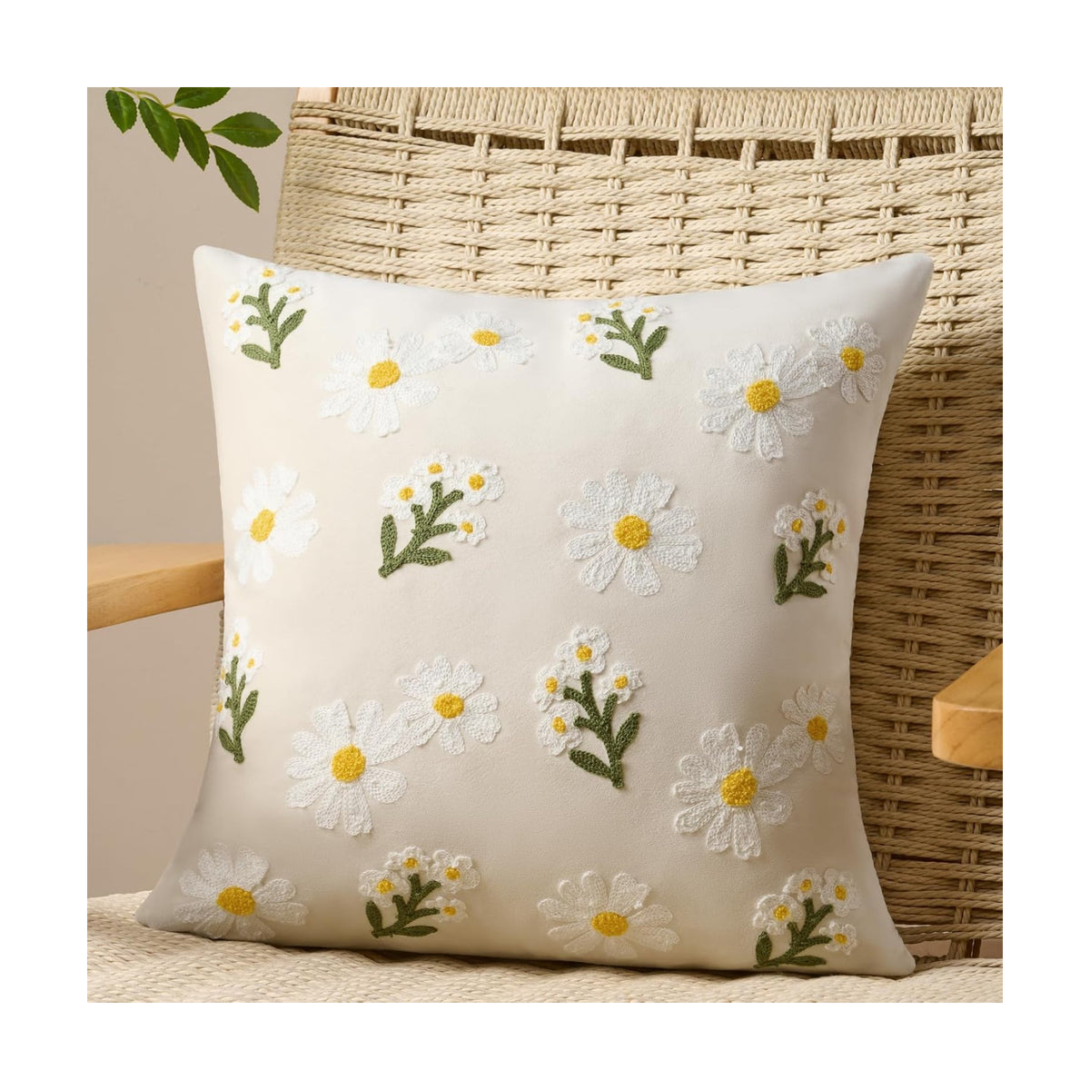 Softalker Spring Summer Outdoor Floral Throw Pillow Covers 18 x 18 Inch Set of 1, Farmhouse Embroidered Decorative Flowers Cushion Covers, Soft Velvet Pillow Cases for Couch Sofa Home Decor, Beige