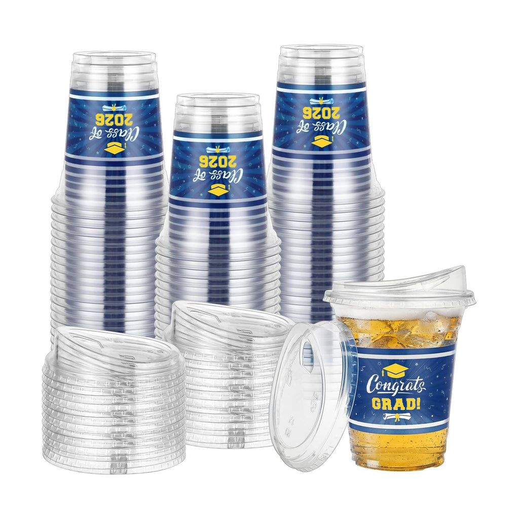 Bokon 100 Pcs 2026 Blue Graduation Plastic Cups Bulk with Strawless Sip Lids 12oz Disposable Congrats Grad Cup Drinkware Class of 2026 Celebration for College Tableware Party Supplies Decorations