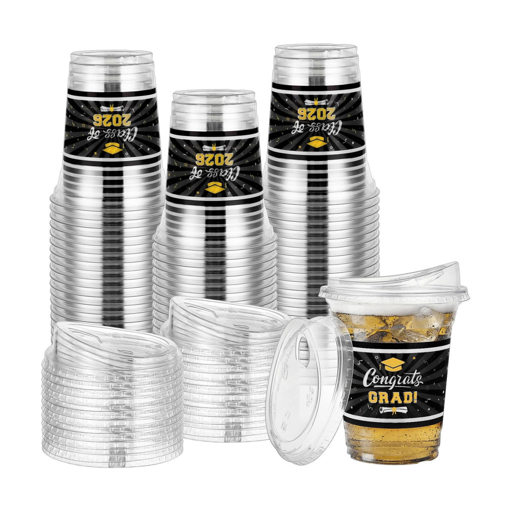 Bokon 100 Pcs 2026 Black Graduation Plastic Cups Bulk with Strawless Sip Lids 12oz Disposable Congrats Grad Cup Drinkware Class of 2026 Celebration for College Tableware Party Supplies Decorations