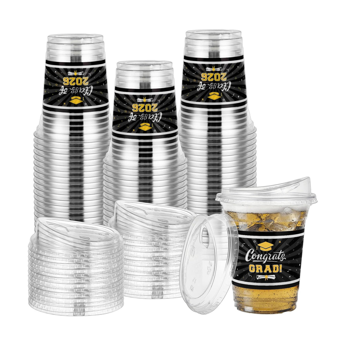 Bokon 100 Pcs 2026 Black Graduation Plastic Cups Bulk with Strawless Sip Lids 12oz Disposable Congrats Grad Cup Drinkware Class of 2026 Celebration for College Tableware Party Supplies Decorations