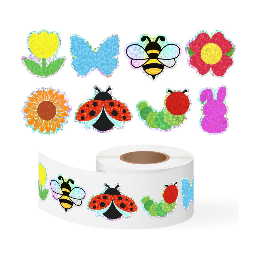500Pcs Spring Stickers Roll Holographic Laser Flower Butterfly Bee Waterproof Self-Adhesive Decals Summer Garden Seasonal DIY Crafts Teacher Rewards Gifts for Water Bottles Scrapbooking Decoration