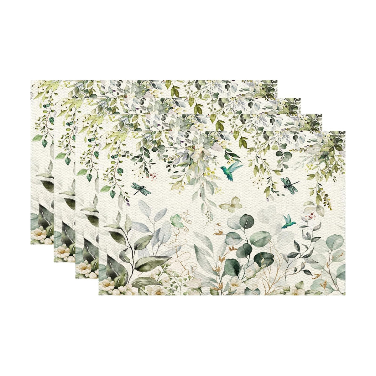 Spring Place mats Set of 4,12x18 Inches Green Floral Bird Eucalyptus Leaf Decorative Summer Decor Leaf Placemats Rectangle Spring Table Mats for Party Home Kitchen Dining Table Decoration