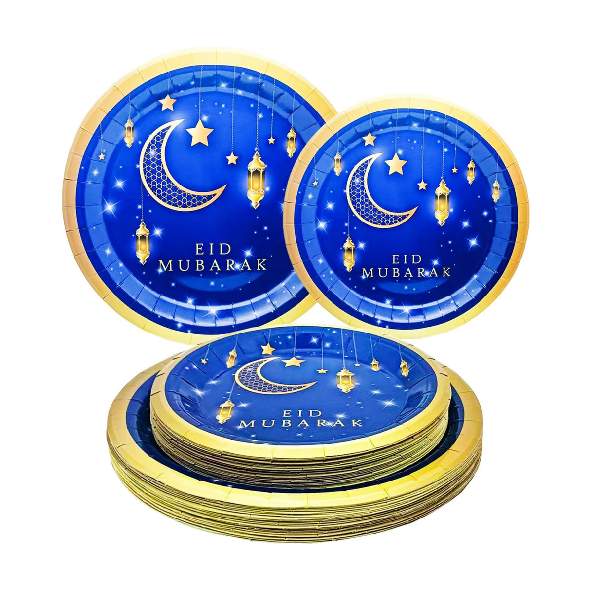50Pcs Ramadan Eid Mubarak Party Supplies Bluk Ramadan Eid Mubarak Plates Set 9"Ramadan Dinner Plates 7"Blue and Gold Eid Mubarak Plates for Eid Al Adha Islamic Ramadan Birthday Decor Serves 25