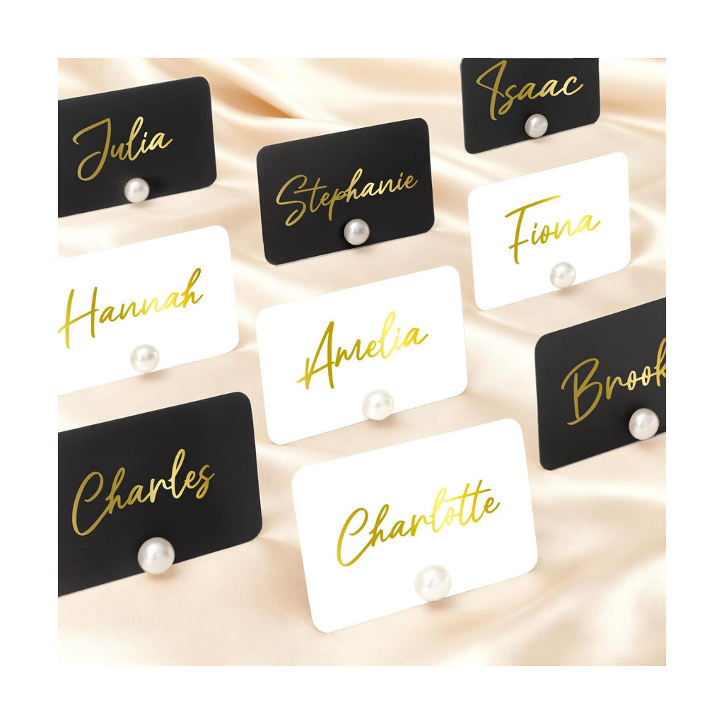 UNIQOOO 24Pcs Decorative Pearl Place Card Holders w/Black White Cards, Elegant Men&Women Name Card Stands Set, for Wedding Event Table place Cards, Retail Shop, Business Card, Party Food Signs