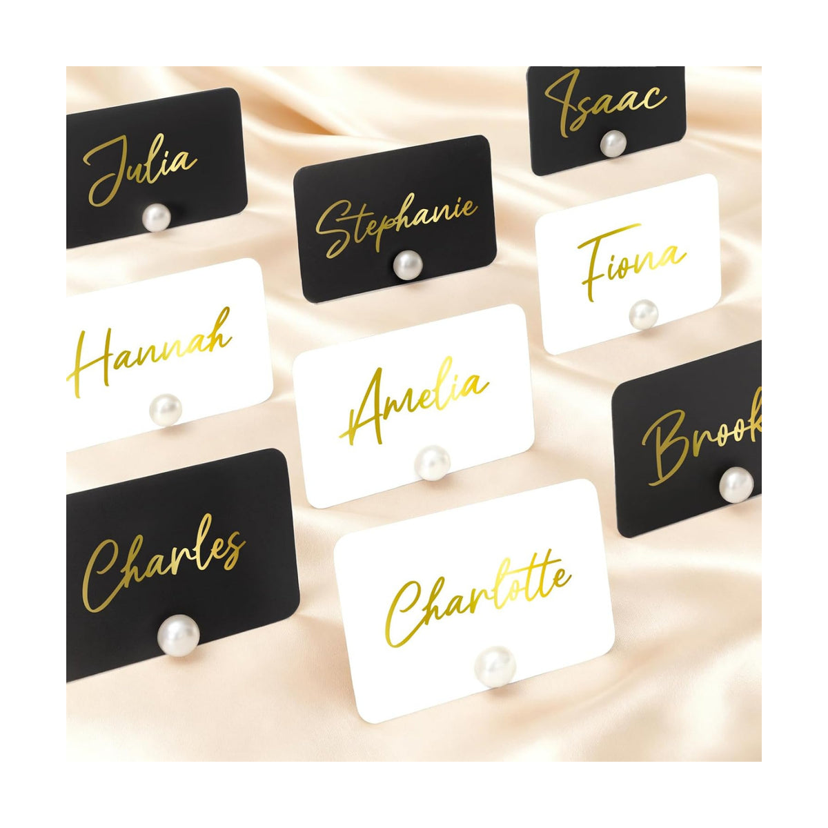 UNIQOOO 24Pcs Decorative Pearl Place Card Holders w/Black White Cards, Elegant Men&Women Name Card Stands Set, for Wedding Event Table place Cards, Retail Shop, Business Card, Party Food Signs