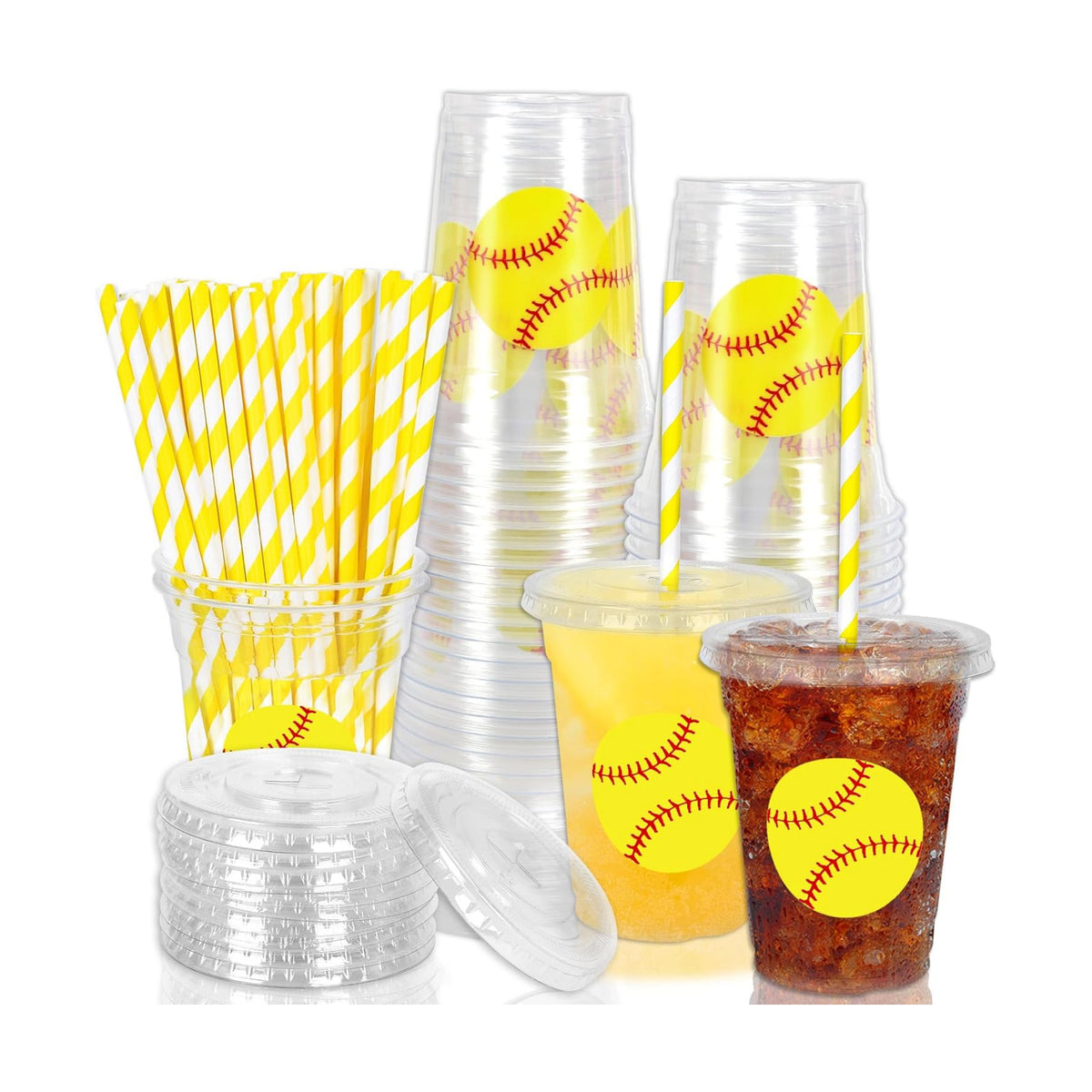 Whaline 50Pcs 12Oz Softball Disposable Plastic Cups with Lids and Straws Cute Softball Cold Beverage Drinking Cups for Sports Theme Birthday Party Supplies