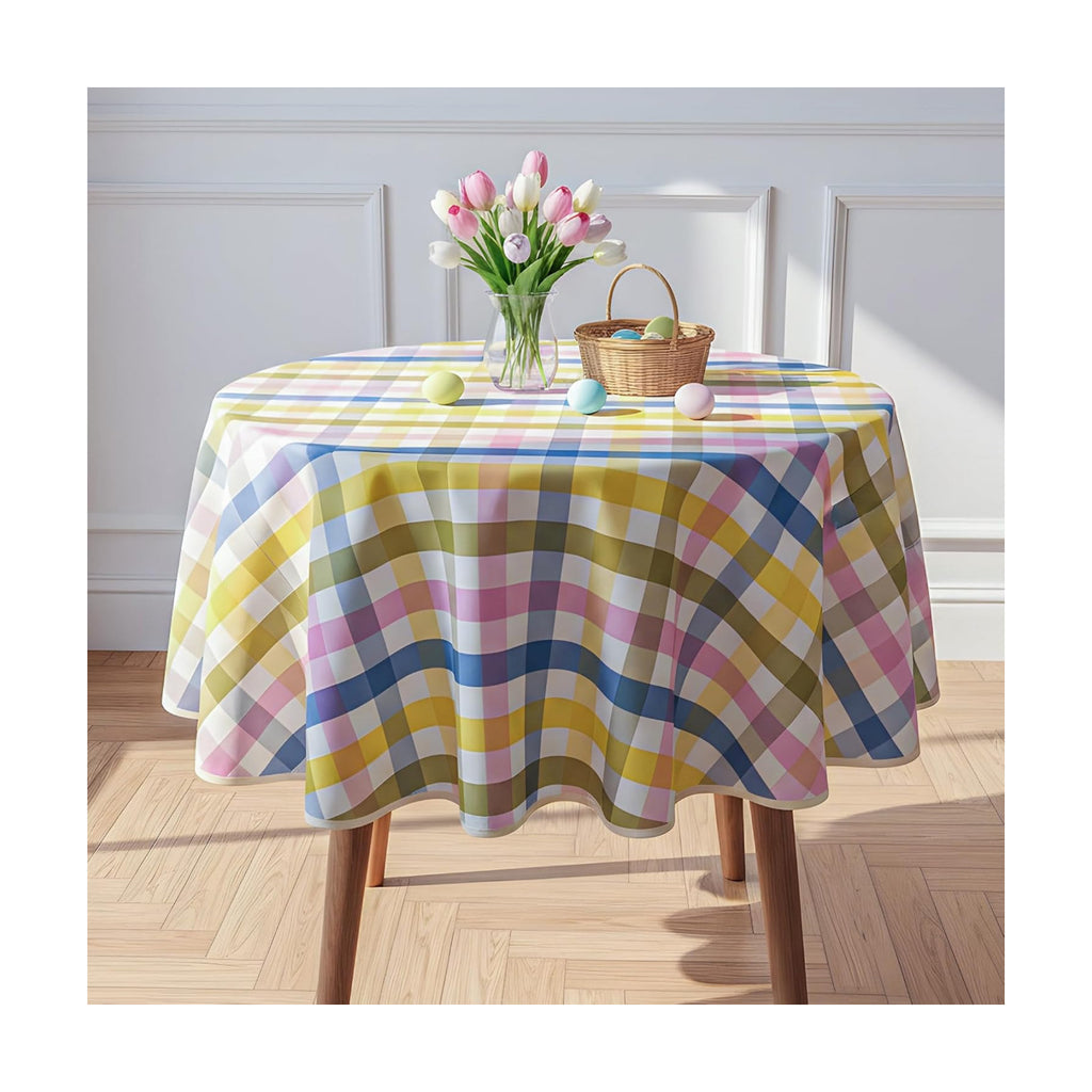 Easter Waterproof Polyester Tablecloth, Pastel Checkered Fabric Table Cover for Spring Party, Kitchen Dining Decor, Easy Care Cloth Tablecloth for Indoor Outdoor Use, 60" Round