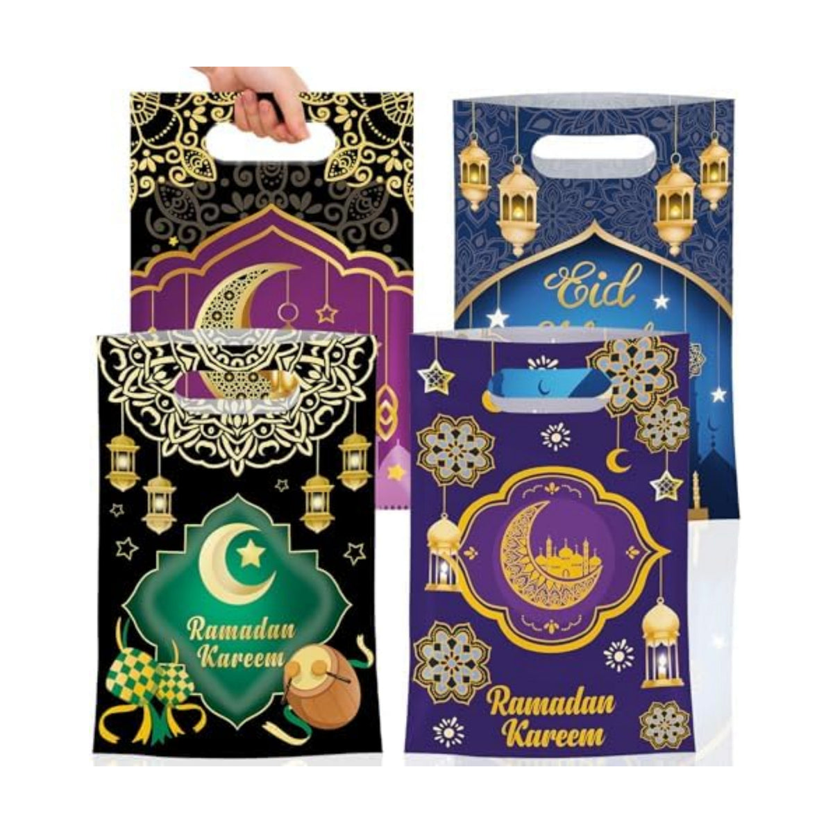 50 Pcs Ramadan Gift Bags with Handles - Eid Mubarak Goodie Bag, Ramadan Kareem Plastic Goody Candy Cookie Snack Treat Party Favor Bags Bulk for Islamic Muslim Eid Mubarak Party Supplies Favors,4 Style