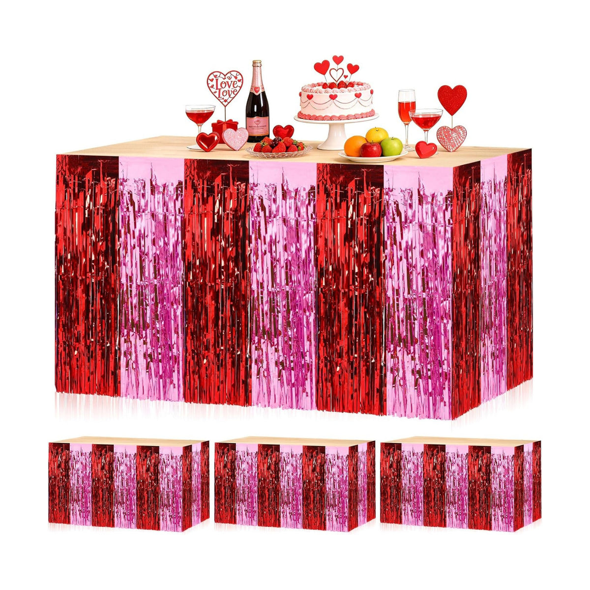 4Pcs Valentines Day Table Skirt Galentines Decorations Foil Fringe