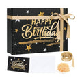 Ctosree Black Happy Birthday Gift Box with Lid for Presents, 13.5 x 10 x 4 Inch Gold Black Large Luxury Star Foldable Cardboard Box for Gift Packing, Contains Card, Envelope, Ribbon, Raffia Grass