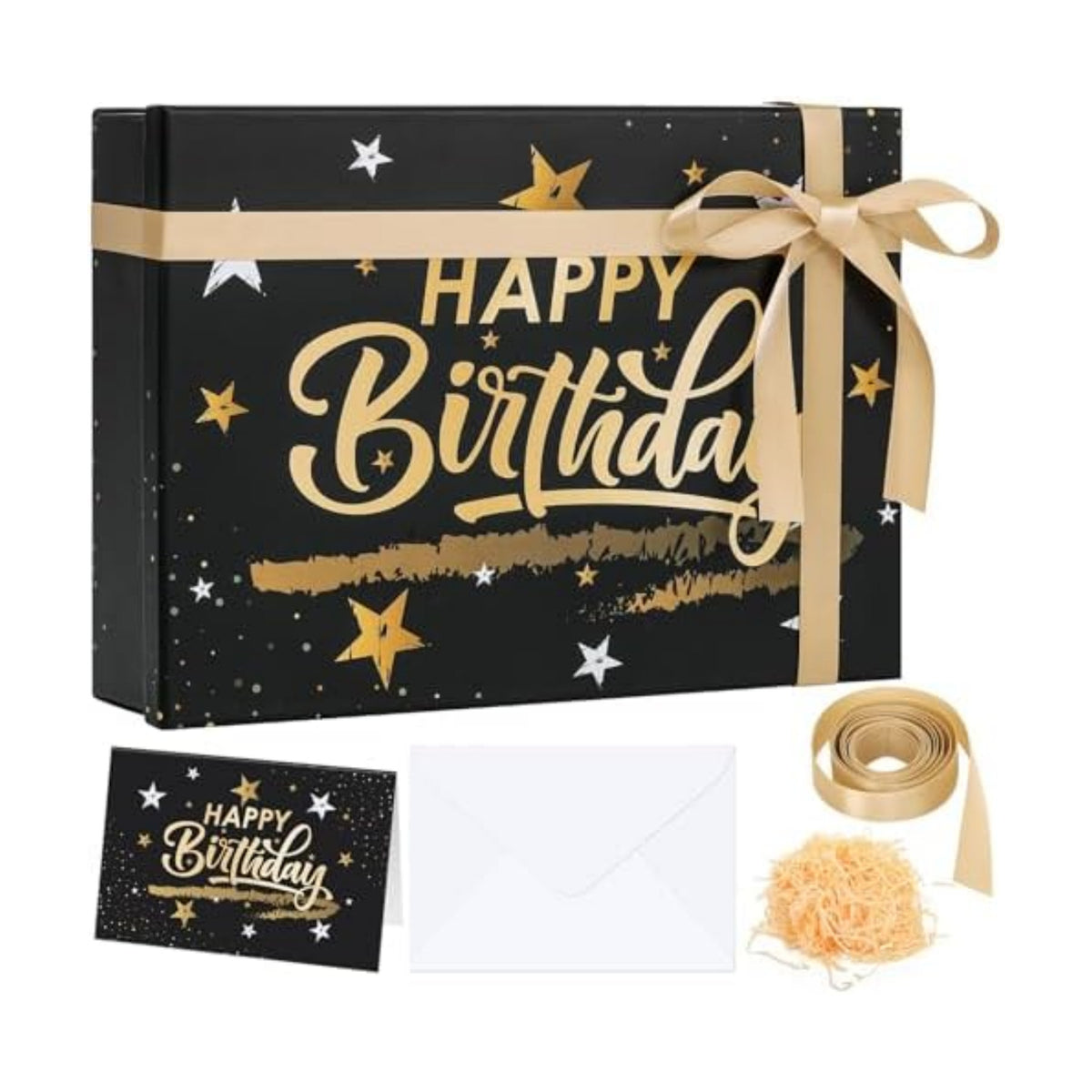 Ctosree Black Happy Birthday Gift Box with Lid for Presents, 13.5 x 10 x 4 Inch Gold Black Large Luxury Star Foldable Cardboard Box for Gift Packing, Contains Card, Envelope, Ribbon, Raffia Grass