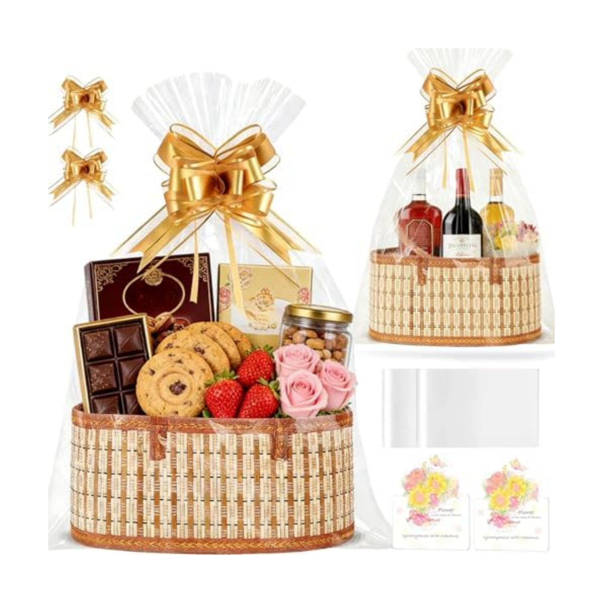YAFAOCE 2Pcs Gift Baskets Empty to Fill for Easter Mother's Day Birthday Baby Baptisms Christmas New Year Valentines, Foldable Bamboo Woven Bulk Basket Set with Handle, Cute Large Basket Gift Kit