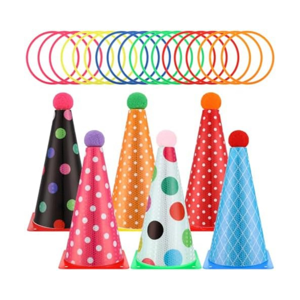 Seenelling 24 Pcs Plastic Ring Toss Game, Birthday Party Game 6 Birthday Hat Cones and 18 Colorful Rings Outdoor Sport Toss Toys Backyard Lawn Cone and Ring for Family Party Activities