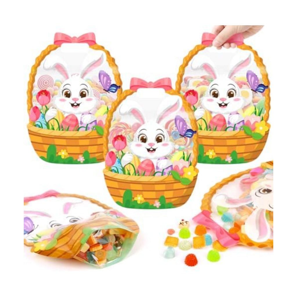 FOIMAS 50pcs Easter Gift Bags Plastic Easter Goodie Bags with Handles Ziplock Bunny Basket Resealable Candy Bag for Holiday Party Candy Gifts Supplies Decoration Favor