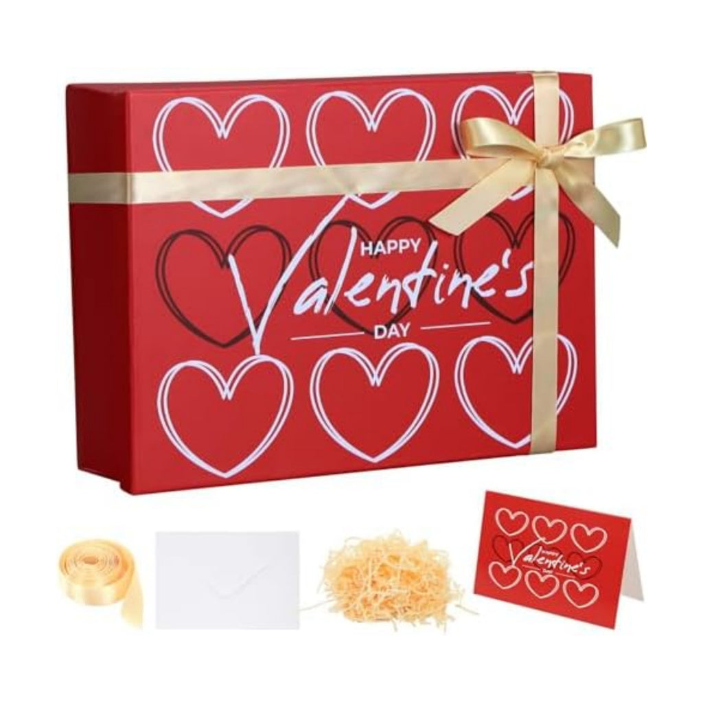 Ctosree 13.5 x 10 x 4 Inch Large Happy Valentine's Gift Box with Lid for Presents, Red Large Heart Luxury Foldable Cardboard Box for Gift Packing, Contains Card, Envelope, Ribbon, Raffia Grass