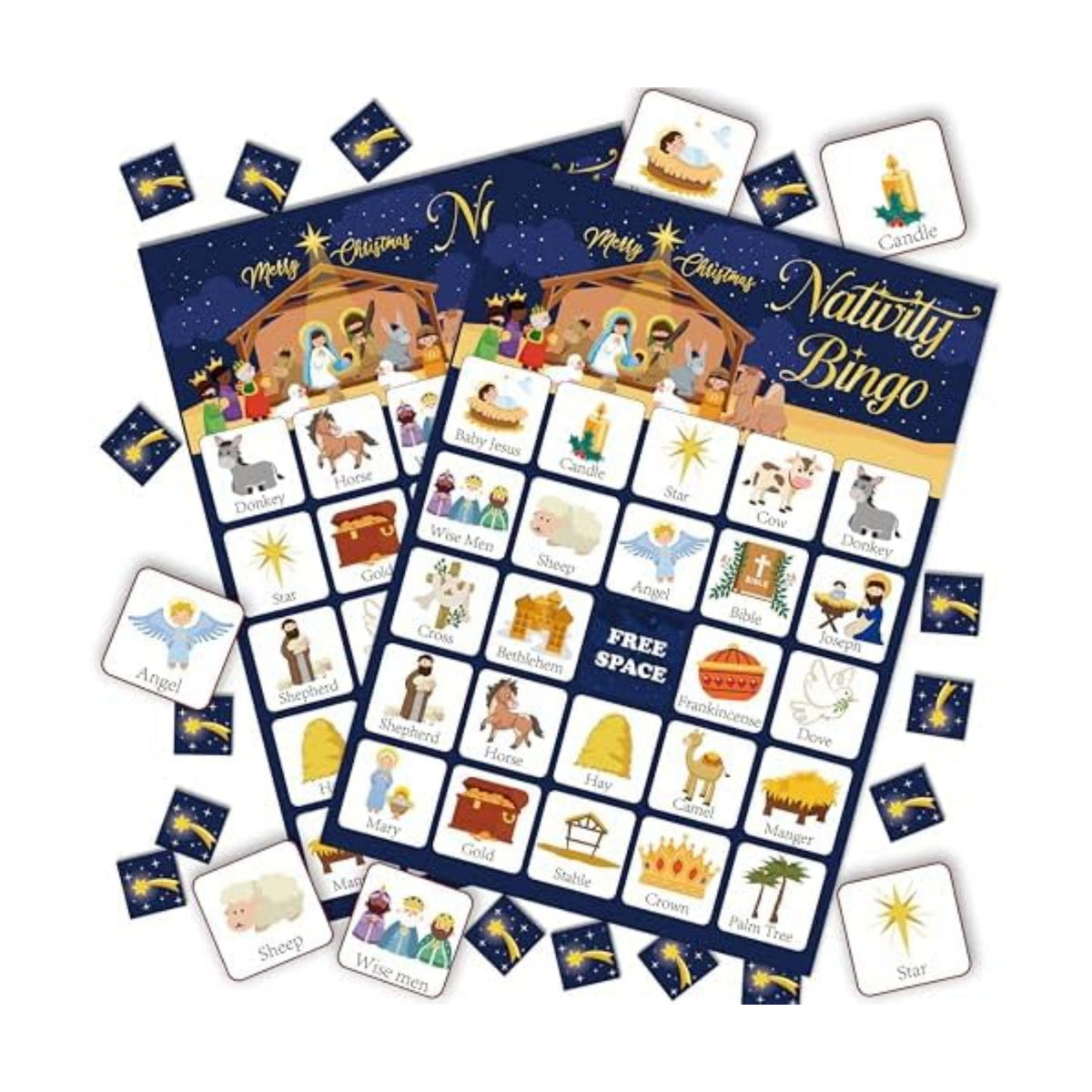 24-Person Christmas Bible Bingo Cards Set - Large Group Religious Party Games for Adults - Nativity Scene Sunday Church Activity Supplies - Christian Faith-Based Holiday Bingo Game