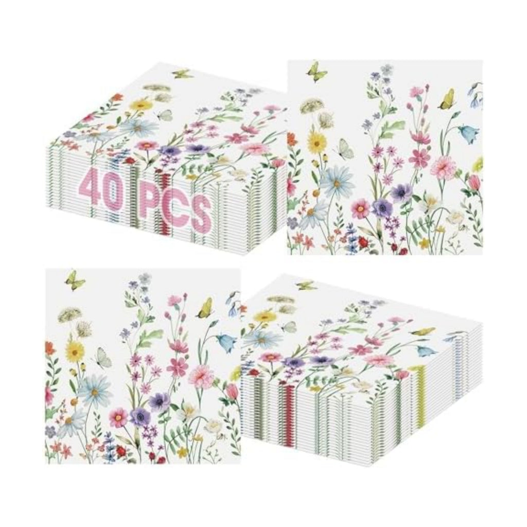 40 Pcs Spring Floral Napkins 13 x 13 Inches - Wildflower Butterfly Party Napkin, 3-Ply Flower Cocktail Disposable Paper Napkins Hand Towles Set for Easter Birthday Weeding Tea Party Supplies Decor