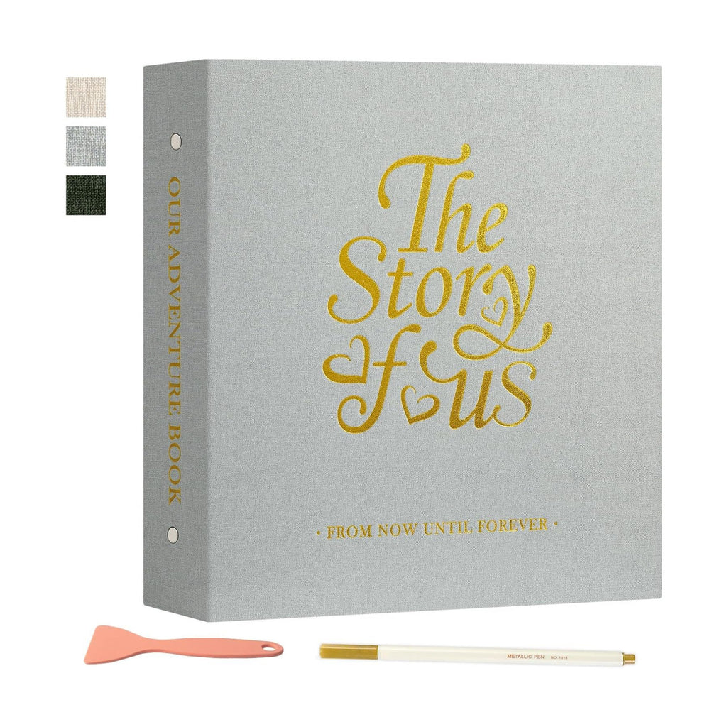 Lanpn Couples Scrapbook Photo Album - The Story of Us, Linen Wedding Anniversary Self Adheisve Picture Book holds 4x6 5x7 A5 Photo for Love Newlywed Valentine's Day (Small 20 Sheets/40 Pages, Grey)