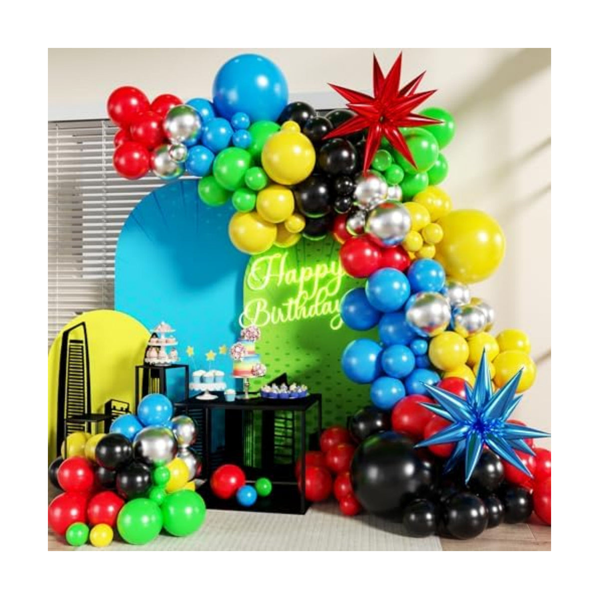 Red Blue Green Yellow Black Balloon Arch Kit, Birthday Decor