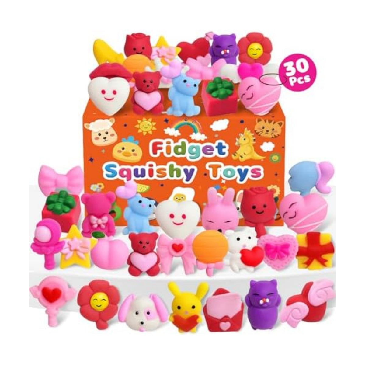 30 Pcs Valentines Squishy Toys, Party Favors for Kids 4-8, Bulk Valentines Day Gifts Non Candy Exchange for Kids Classroom Class School Students, Goodie Bags Stuffers Fidget Toys
