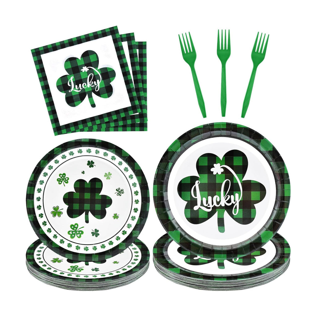96 Pieces St. Patrick’s Day Tableware Set – Green and Black Plaid Shamrock Disposable Plates, Napkins, and Forks for Irish Party, Lucky Clover Celebration St. Paddy’s Day Dinner – Serves 24 Guests