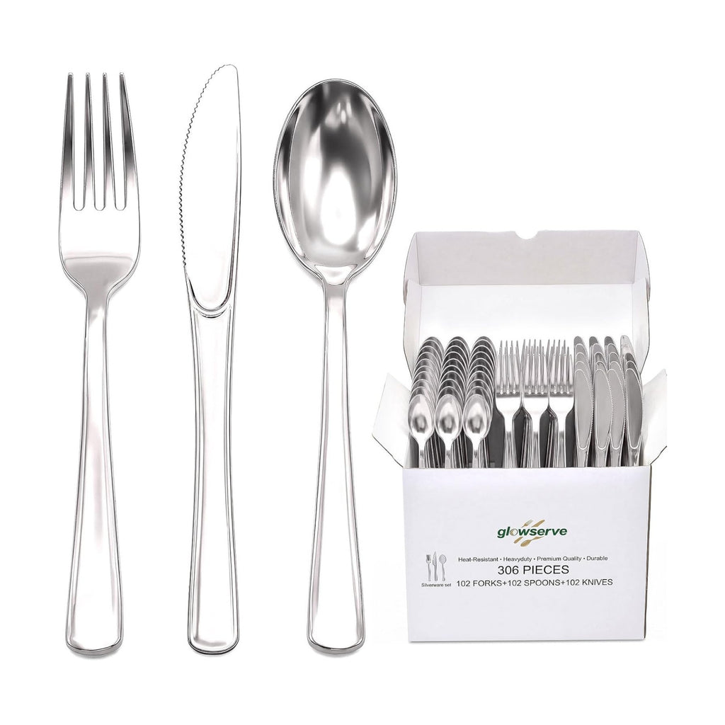 Glowserve 306 Pack Silver Disposable Plastic Silverware Set Cutlery Set