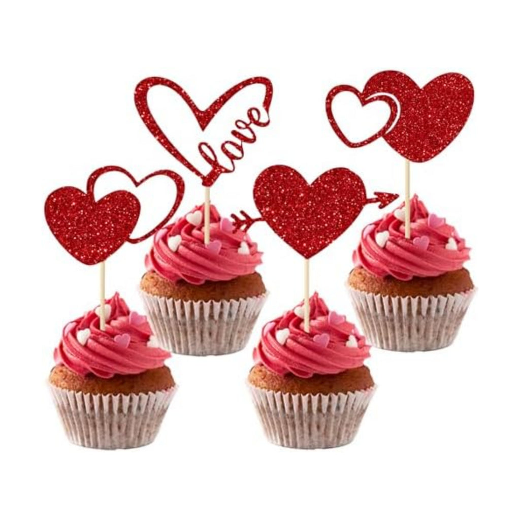 Valentines Cupcake Toppers, 24 PCS Glitter Red Heart Cupcake Picks, Valentines Cake Decorations Heart Love Food Picks Cupcakes Toppers for Valentine's Day Party Decorations Supplies