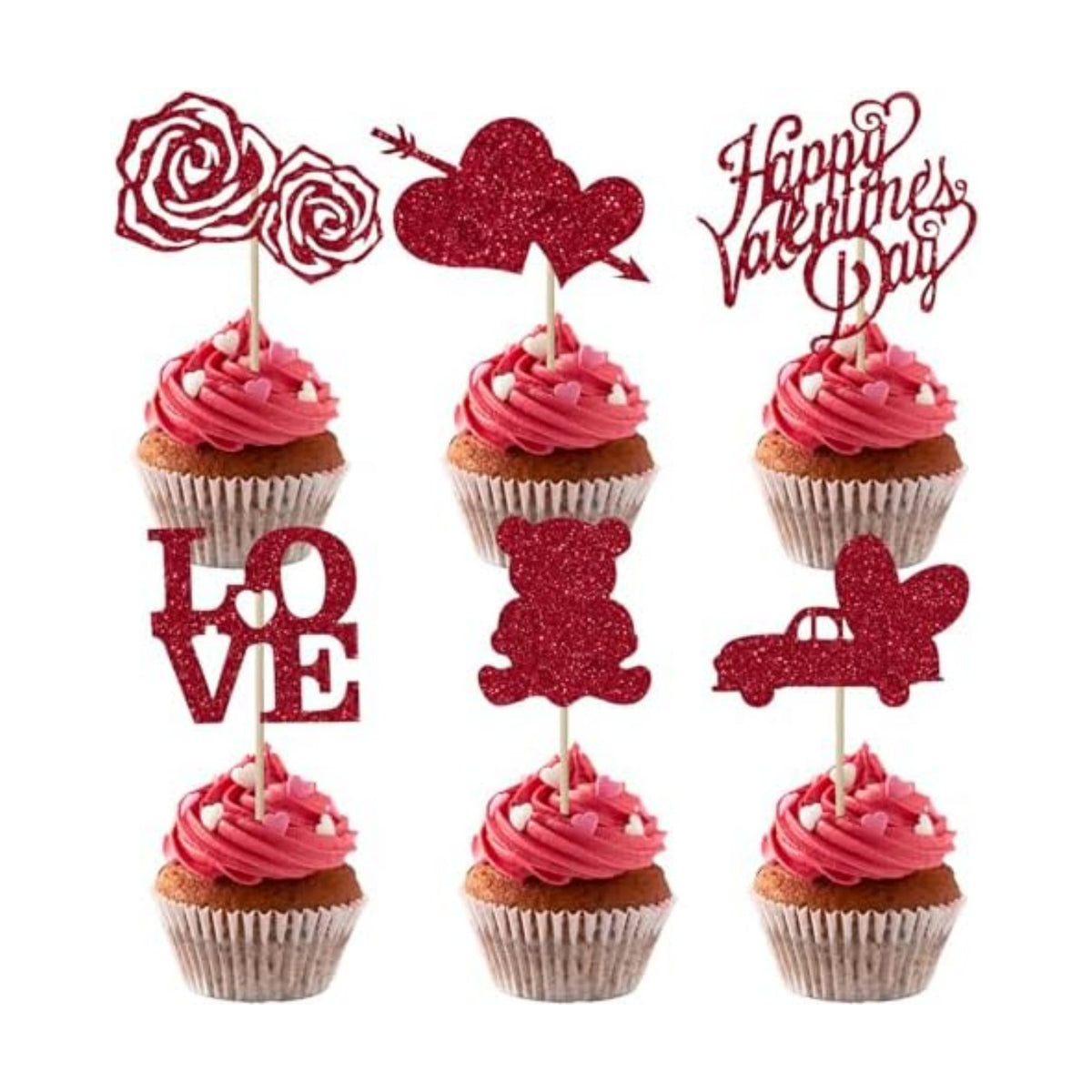 Valentines Cupcake Toppers, 24 PCS Happy Valentines Cupcake Toppers, Glitter Red Heart Love Bear Cupcake Picks Food Picks Toppers Cake Decorations for Valentine's Day Party Decorations Supplies