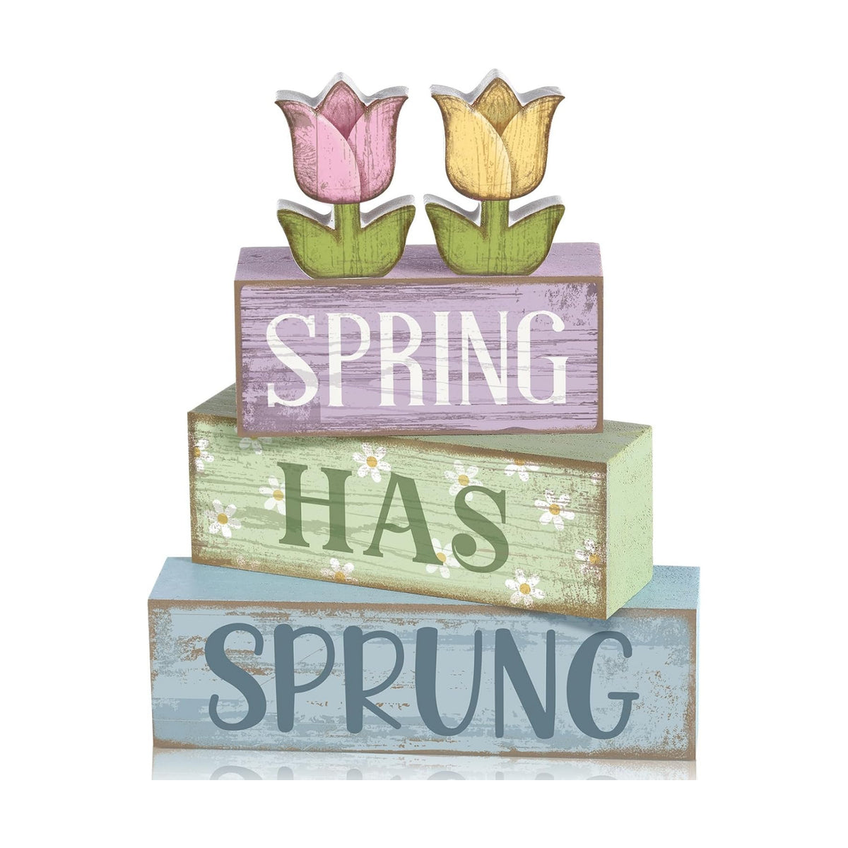 Moucuny 4 Pcs Spring Wooden Block Signs Farmhouse Tray Decor Tulips