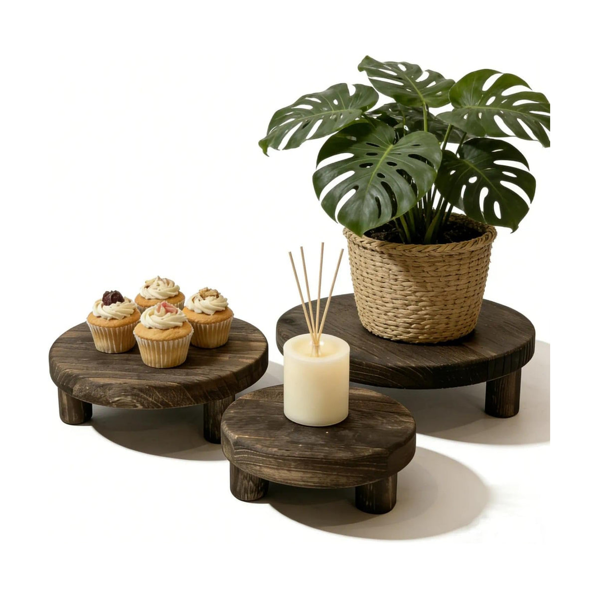 6"/8"/10" 3pcs Unfinished Rustic Wood Stands - Wooden Round Riser - Plant Risers Stand for Decor Display