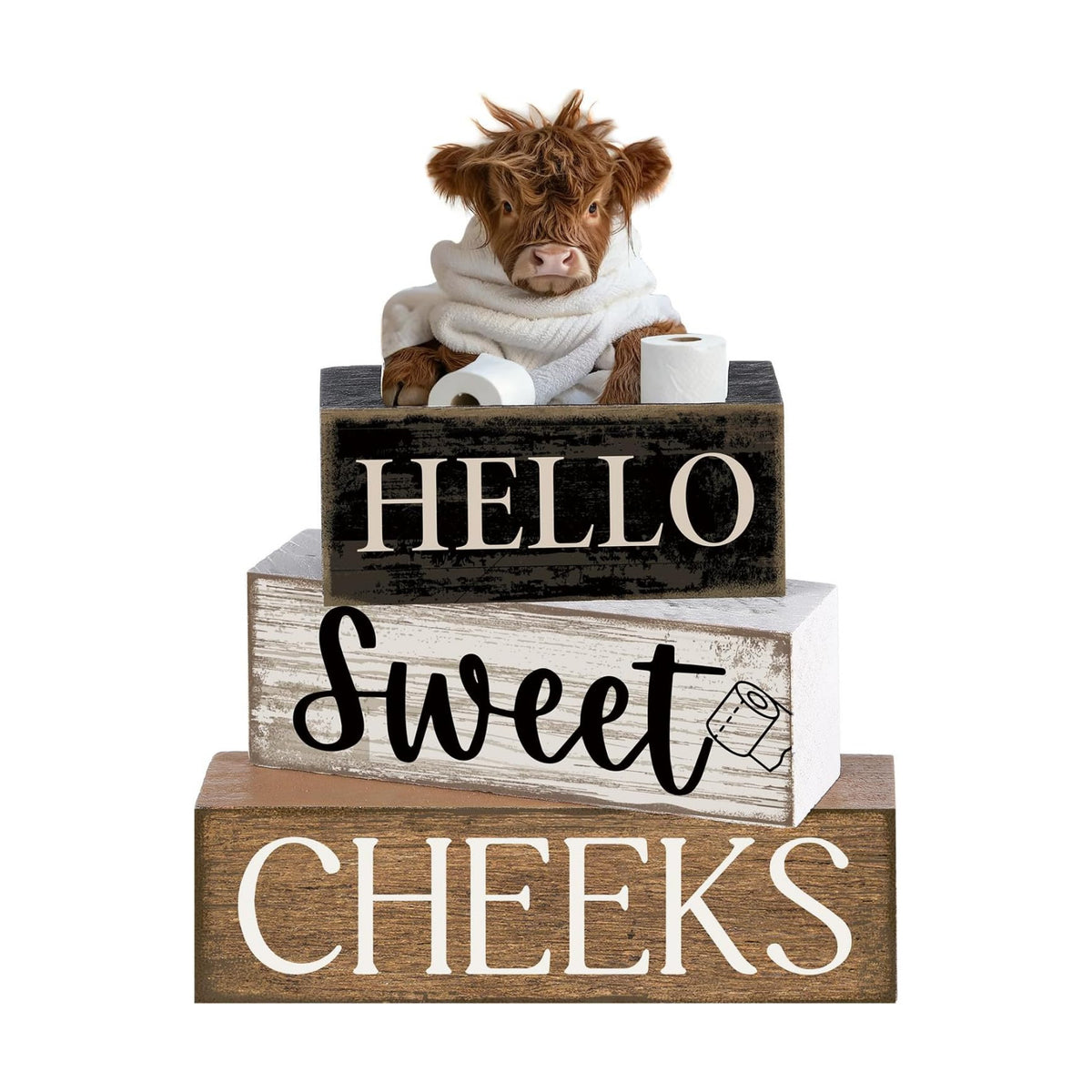 Moucuny 4 Pcs Highland Cow Bathroom Decor Wooden Signs, Farmhouse