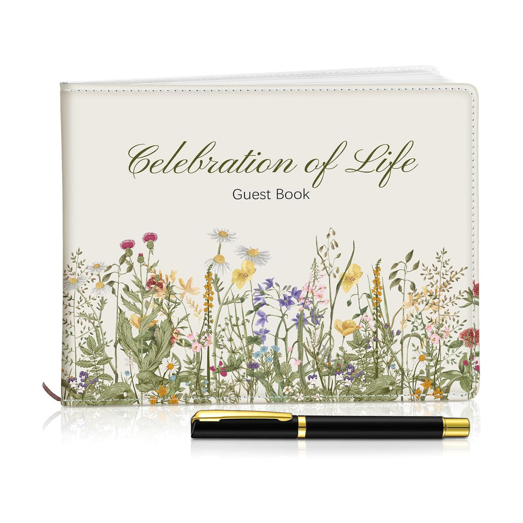 Patelai Funeral Guest Book with Pen, Vintage Wildflower