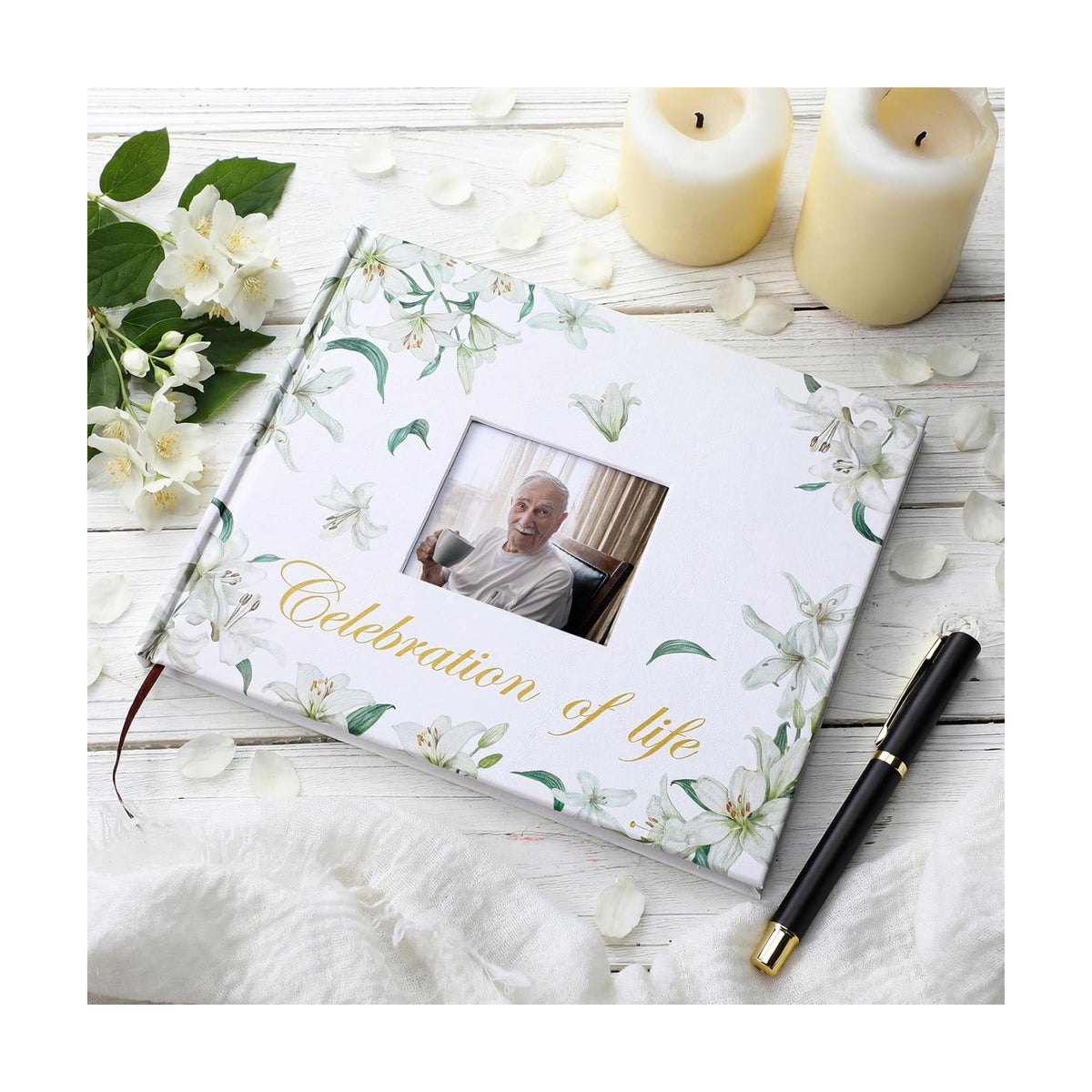 Patelai Funeral Guest Book with Pen, White Flower