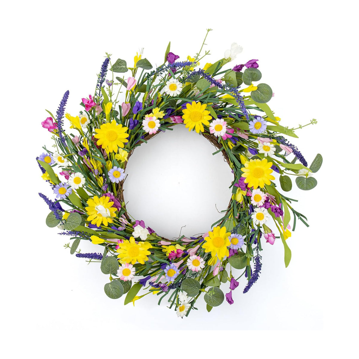 J'FLORU Artificial Spring Wreath Summer Wreaths for Front Door Floral Wreath with Daisy and Lavender for Indoor Outdoor Easter Celebration (18 Inch)