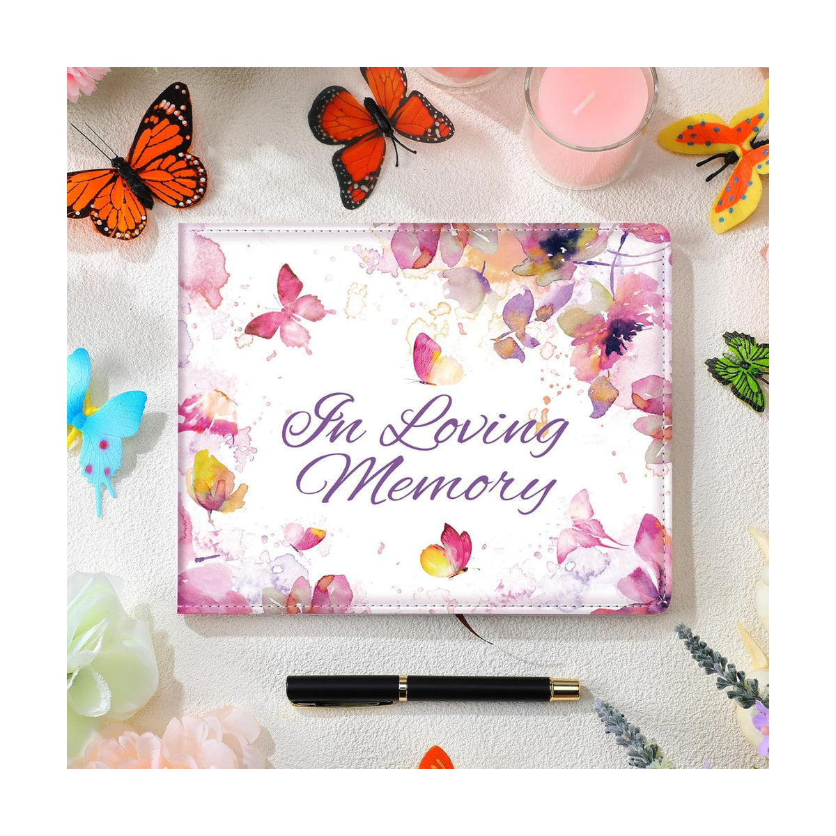 Patelai Funeral Guest Book with Pen, Watercolor Butterfly